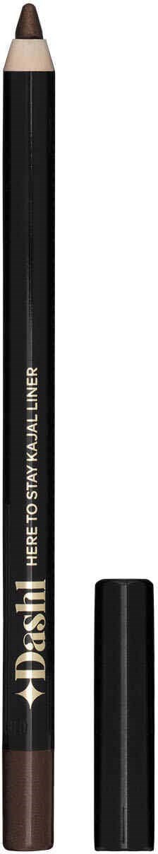 A brown pencil with a black body and a cap, labeled 'HERE TO STAY' and 'DASH' for eyebrows or eyeliner.