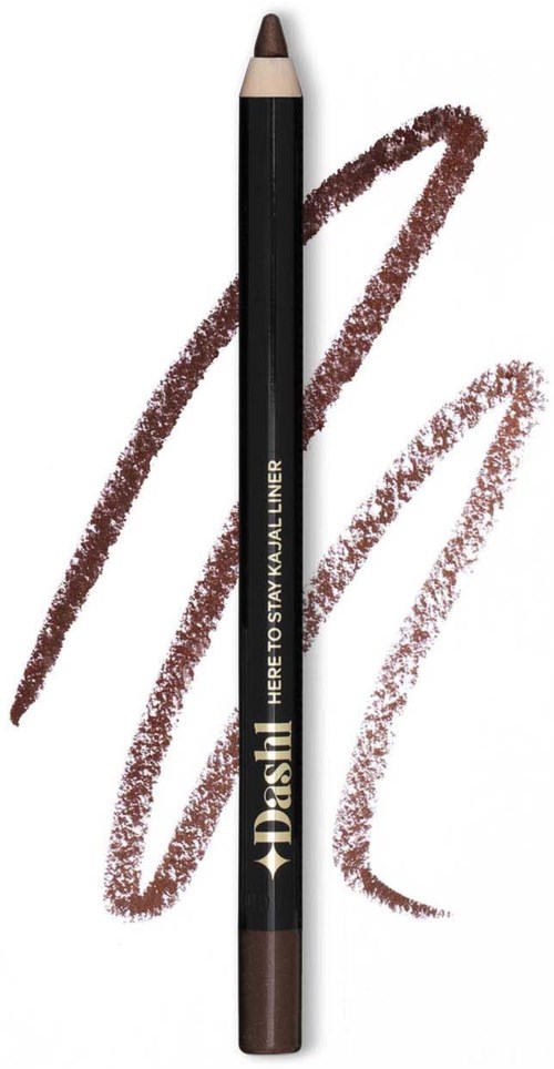 A brown crayon with black and white label, showing three brown lines and swirls. It is a cosmetic eyeliner product.