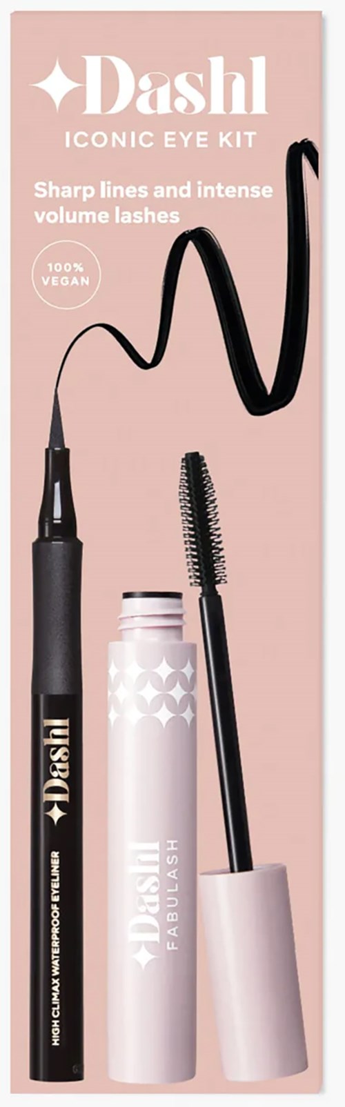 En rosa eske med svart mascara og børste, og en hvit flaske med mascara. Tekst promoterer et øyesett.