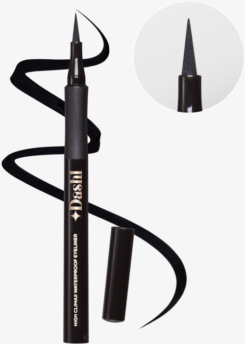 Eyeliner-penne er svart med spiss, med ordet 'Desk' på den og et lokk. Spissen vises i nærbild.