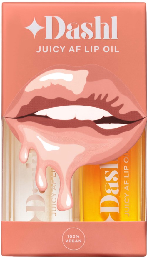 En läppolja från Dash! Färgglad rosa förpackning med en läppenillustration som droppar av gloss.
