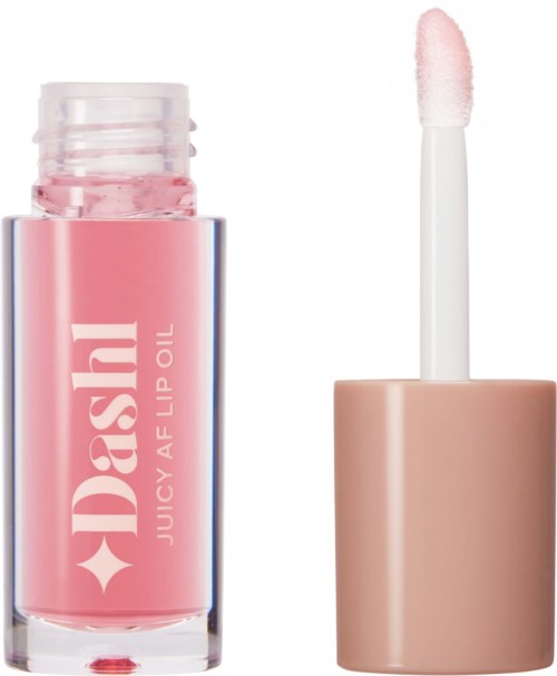 A pink lip gloss tube with a white wand applicator.