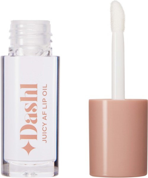 A clear lip oil bottle with a white cap and a brush applicator, labeled 'Juicy AF Lip Oil' in pink text.