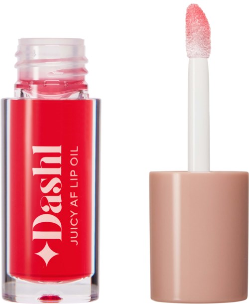 Lip gloss with pink color and brand name Dosh, alongside a beige container. Swipe applicator is visible.