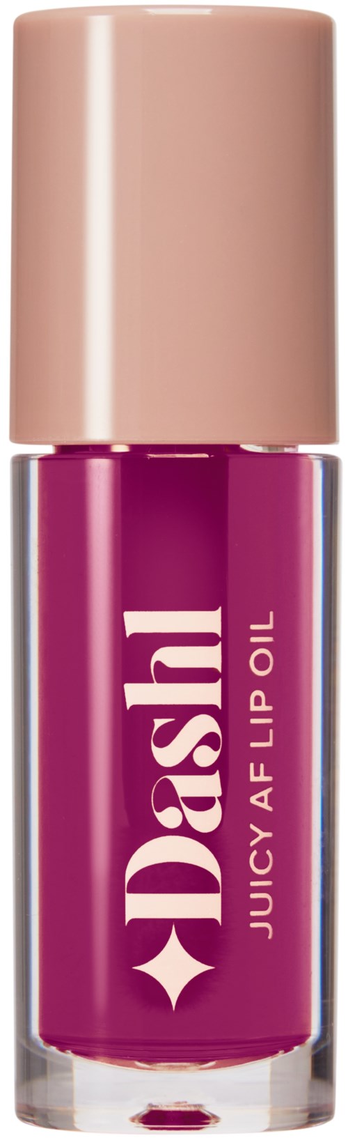 A bottle of purple lip gloss with a beige cap, labeled 'Dash Juicy AF Flip Oil.'