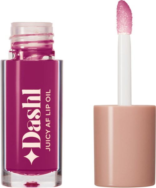 A lip gloss tube with a pinkish color and an applicator wand showing pink lip gloss.