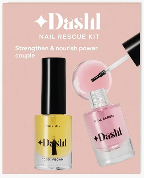 Zwei Nagellackflaschen mit Tropfer, pink und gelbe Farben, mit fettem schwarzen Text auf Verpackung.