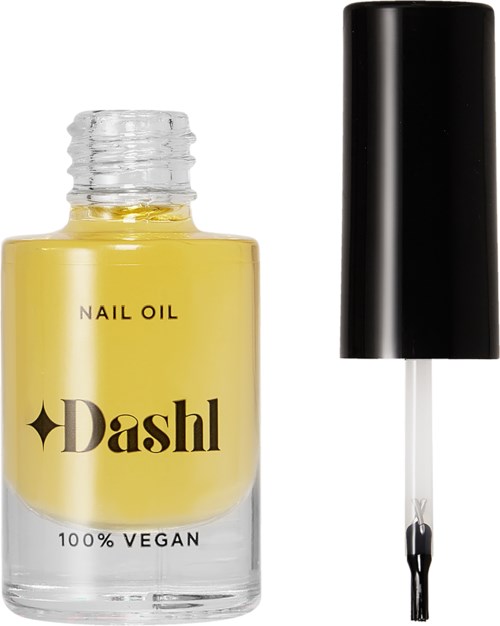 Eine Flasche gelber Nagelöl, gekennzeichnet mit 'Dashl', schwarzer Deckel und Bürste, behauptet 100% vegan zu sein.