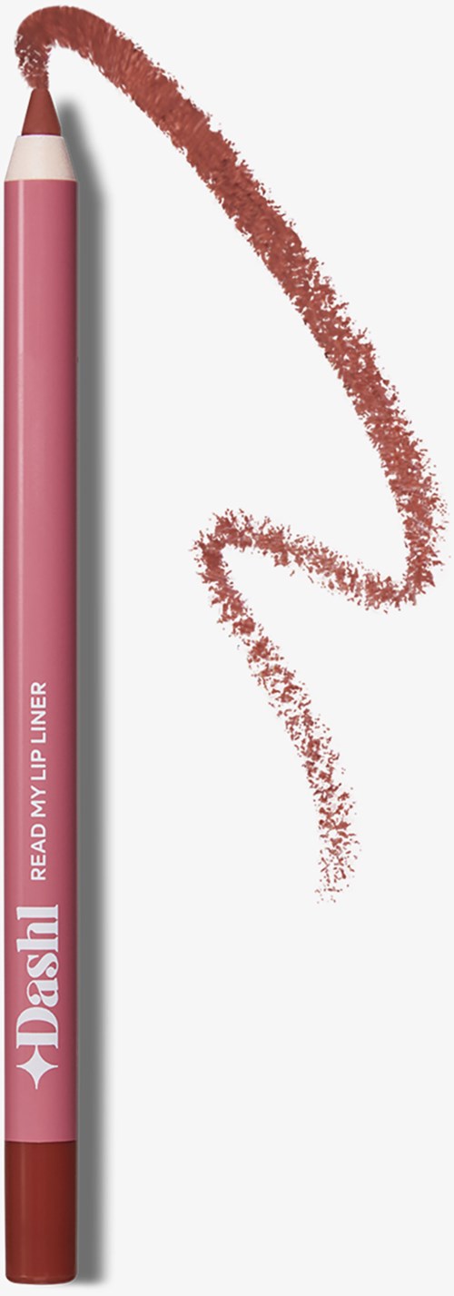 A pink lip liner pencil with a brown tip, drawing a curved line on a white background.