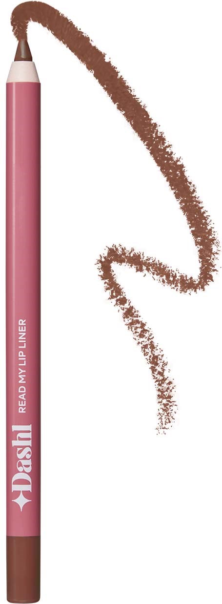 En rosa eyelinspenn med brun spiss og en bølge av brun sminke bak den.