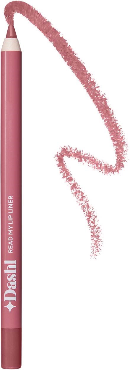 A pink lip liner pencil with the words 'READ MY LIP LINER', drawing a pink curve.
