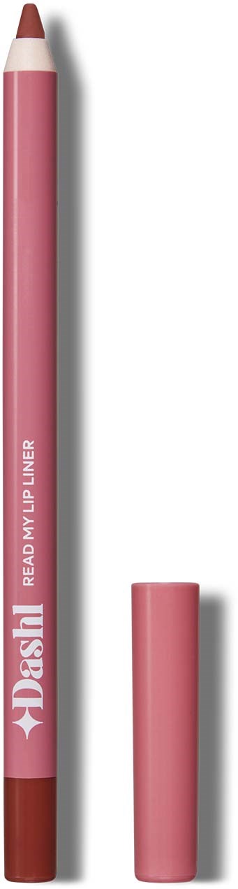 A pink lip liner pencil with a brown tip and marker cap beside it.