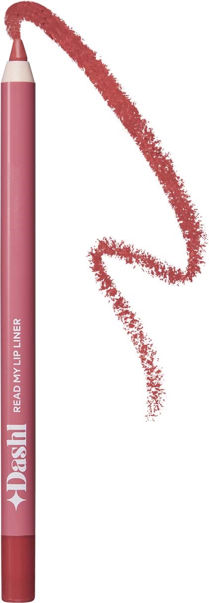 A pink eyeliner pencil with a color swatch and a spiral of the same color on a white background.