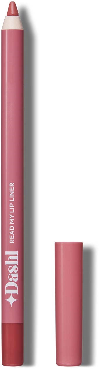 Pink makeup pencil with a cap next to it, labeled 'Dash READY MY LINER'.