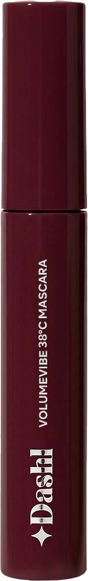 En mörkröd mascara-rör med vit text som säger Volume B.3U. Mascara. Dash-logga och lock ovanpå.