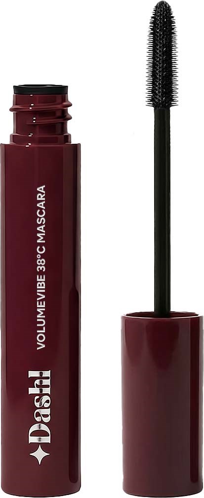En mörkröd mascaratub med en borste och kurvad borste, märkt Dashi Volume 38C Mascara.