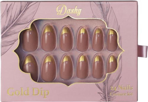 Set van 24 kunstnagels in bruin met gouden tips, in een roze rechthoekige doos met doorzichtige venster en gouden decoraties.