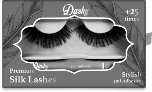 Pudełko z sztucznymi rzęsami oznaczonymi jako Premium Silk Lashes, z ozdobnym tłem, tekstem o kleju i przezroczystym okienkiem.