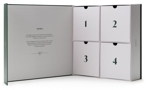 En boks med fire nummererede rum fra 1 til 4, og et brev eller notat indeni venstre side.