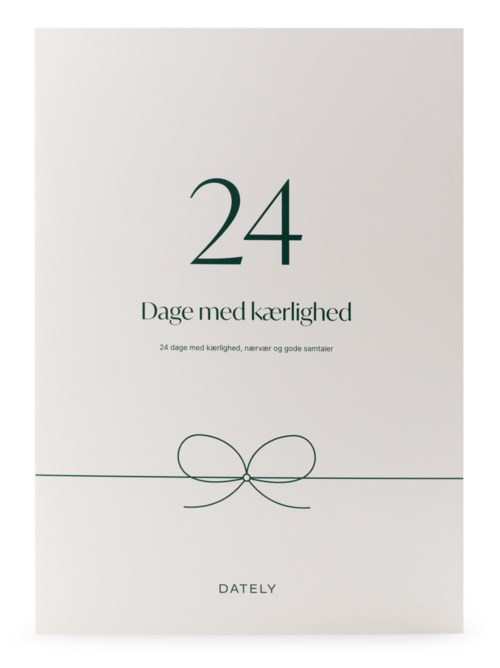 Ett vitt kort med en enkel svart siffra 24 och text om kärleksdagar. Det finns en linje med en rosett under.
