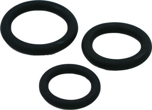 Three black rubber rings of different sizes are placed on a white background.