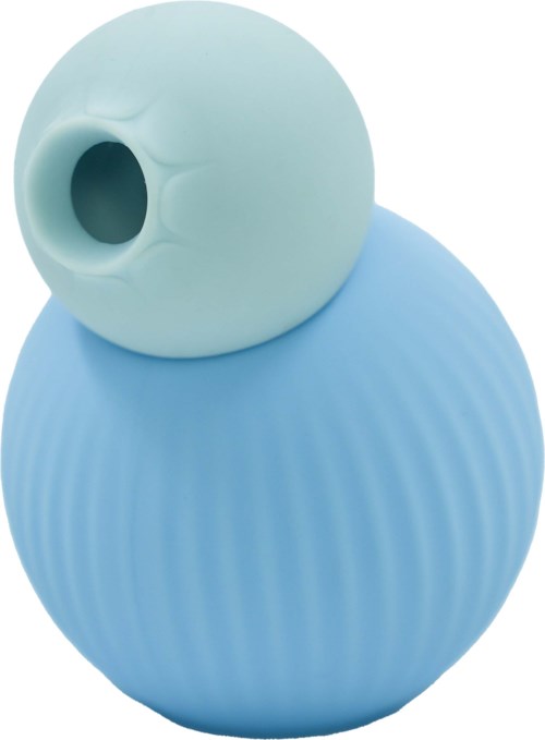 Two round objects stacked, one white with a hole, one blue with ridges.