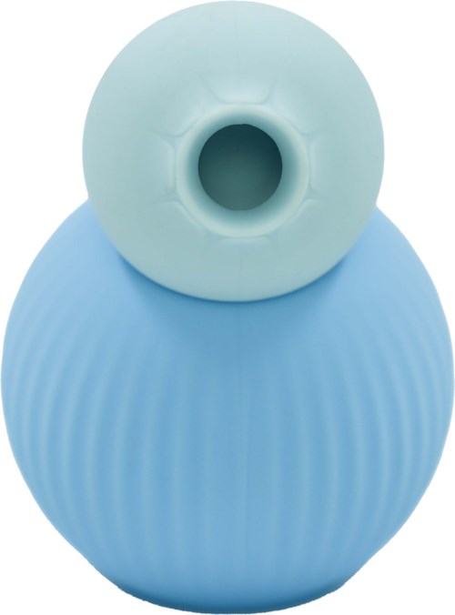 Two round, textured bottles, one white on top and one blue below, stacked vertically.
