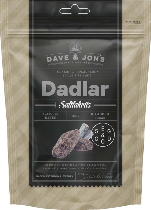 A snack package with dried, salted dadlar candies, no sugar added, from Dave & Jon's, Sweden, weighing 125g.