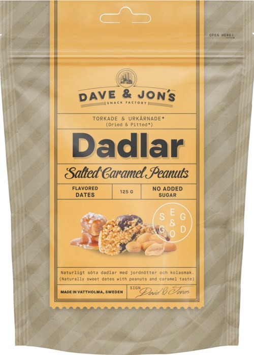 Förpackning för saltade caramel-landsnötter av Dave & Jon's, visar smak, vikt och ingredienser i enkel text.
