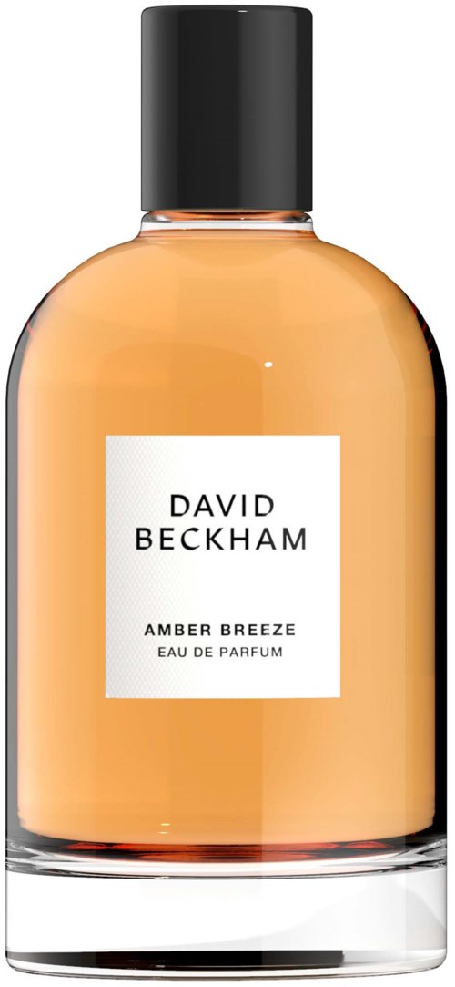 Parfumpullo, jossa lukee 'David Beckham Amber Breeze' ja siinä on persikan väristä nestettä.