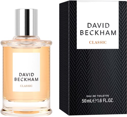 A perfume bottle with a silver cap and a matching box, labeled 'David Beckham Classic'.