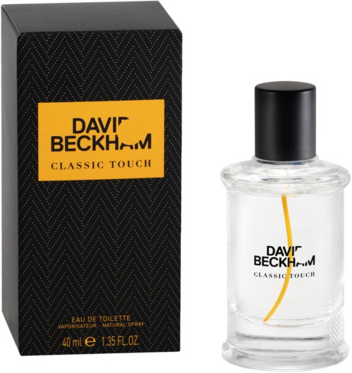 A perfume bottle and box with black, yellow, and text labels for David Beckham Classic Touch.