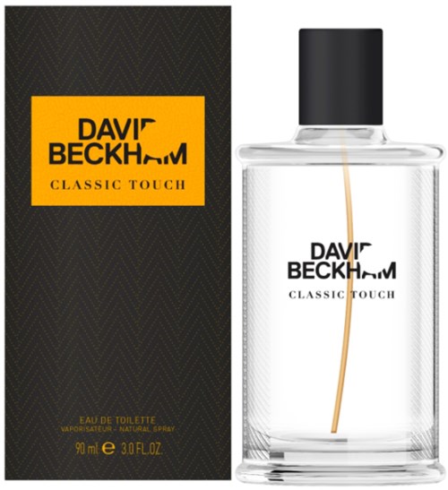 The image shows a perfume bottle and box, labeled 'David Beckham Classic Touch', with black, yellow, and clear colors.