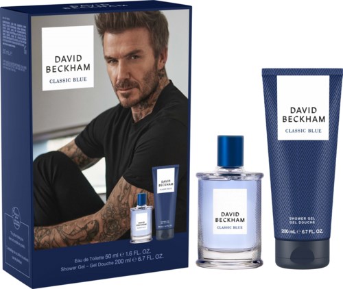 Et gave sæt til mænd med parfymeflaske, shower gel og en æske med billede af David Beckham.