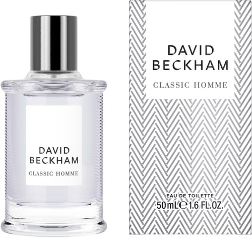 A bottle of perfume labeled 'David Beckham Classic Homme' next to its box with a gray pattern.