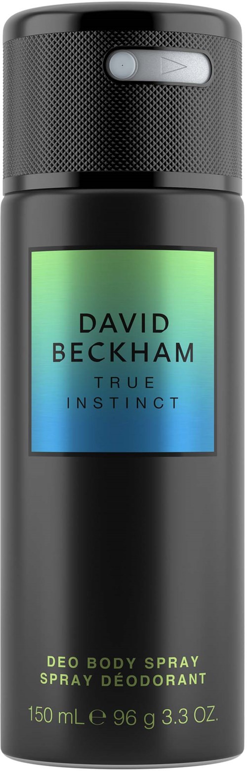A deodorant spray bottle with a label for David Beckham's 'True Instinct' fragrance.