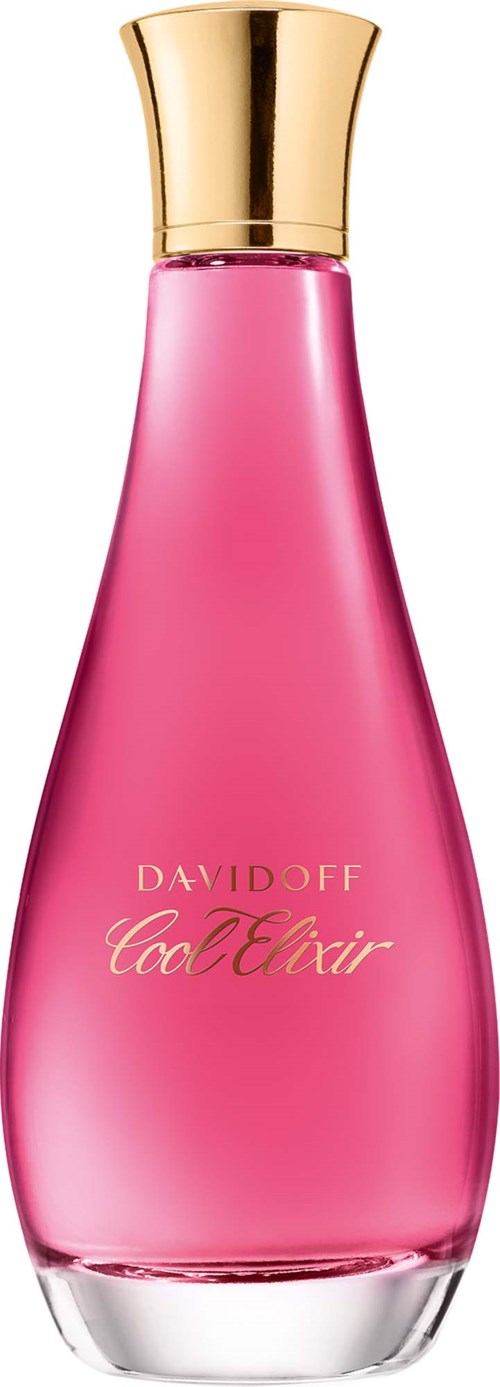 Rosa parfymflaska med guldlock och texten Davidoff Cool Elixir på.