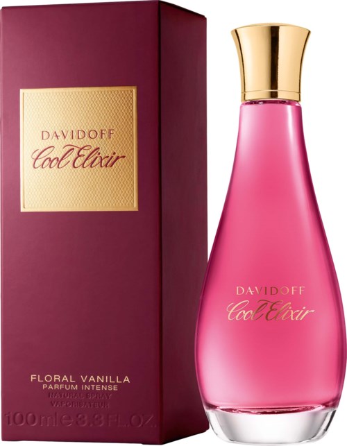 Rosa floral vaniljparfymflaska med guldkapsel bredvid sin matchande box märkt Davidoff Cool Elixir.
