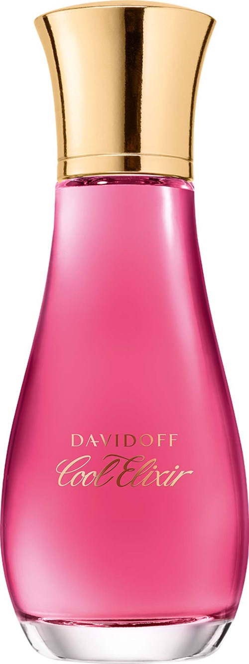 En rosa parfymflaska med guldlock, märkt Davidoff Cool Elixir, på en vit bakgrund.
