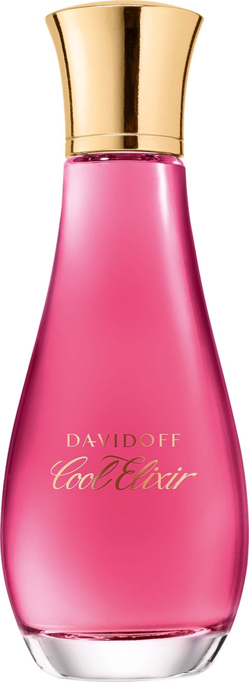 Pink parfymflaska med guldkork och etiketten Davidoff Cool Elixir.
