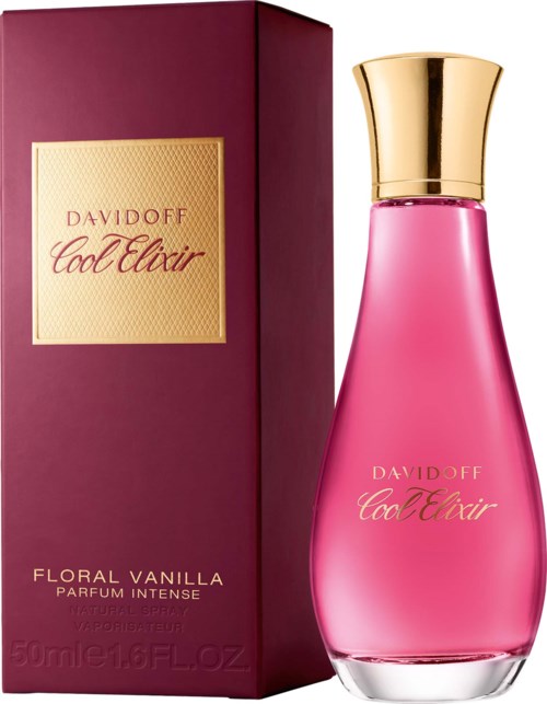 En rosa parfymflaska med guldkapsel bredvid en matchande förpackning märkt Davidoff Cool Elixir Floral Vanilla.