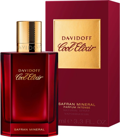 Eine rote Parfümflasche mit goldener Kappe, beschriftet Davidoff Cool Elixir, neben seiner passenden roten und goldenen Verpackung.