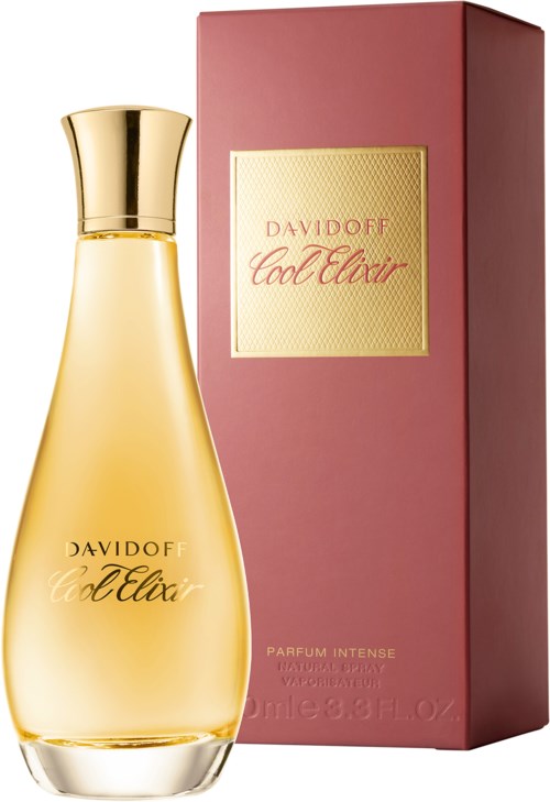 Złota butelka perfum z różowym pudełkiem, oznaczona 'Davidoff Cool Elixir'.