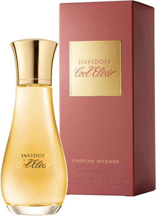 Butelka perfum z złotym kapslem obok różowego pudełka oznaczonego Davidoff Cool Elixir, intensywny spray perfum.