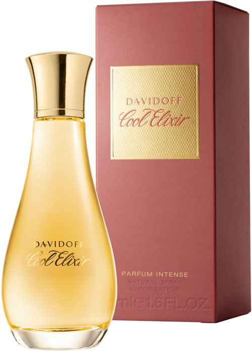 Złota butelka perfum z różowym opakowaniem oznaczonym Davidoff Cool Elixir.