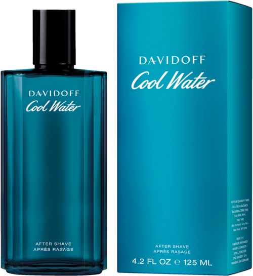 En blå flaska och förpackning för Davidoff Cool Water after shave. Förpackningen visar produktens namn och storlek.