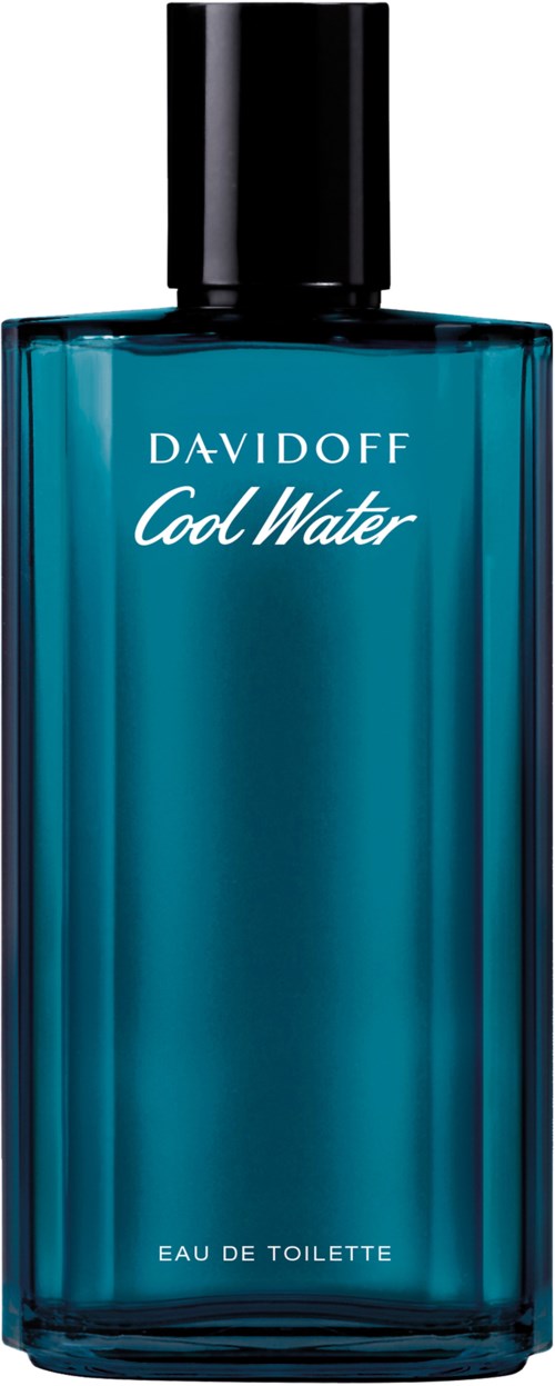 Blå glasflaska med svart lock, märkt Davidoff Cool Water Eau de Toilette.