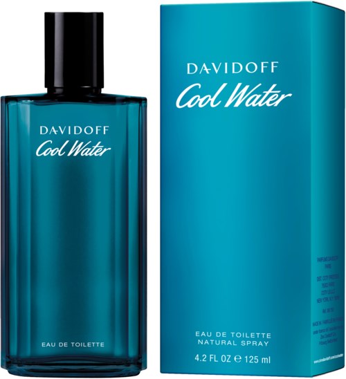 En parfyllflaska och box märkt "Davidoff Cool Water" i blå färg.