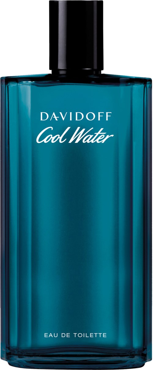 Niebieska butelka perfum o nazwie 'Davidoff Cool Water' z czarnym korkiem.