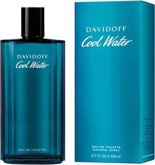 Niebieska butelka perfum Davidoff Cool Water i jej opakowanie. Oba mają ten sam niebieski kolor i biały tekst.